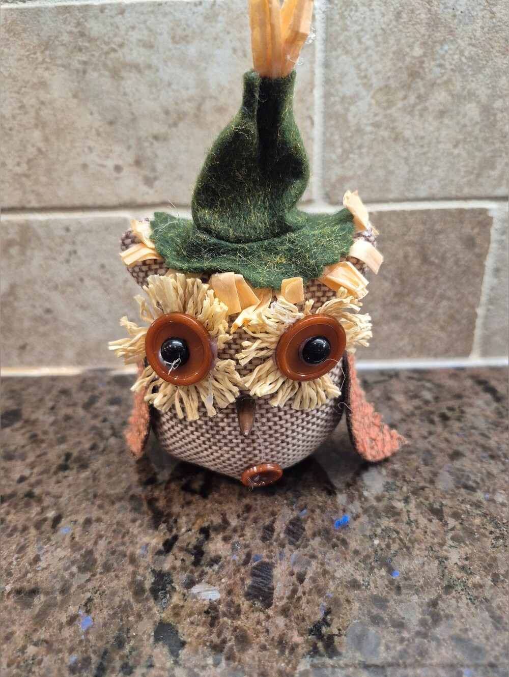 Rustic Sisal Owl Figurine Green Fabric Woodland Straw Fall Holiday Decor